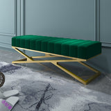 Modern Entryway Bench Gray Velvet Upholstered Ottoman Bench in Gold