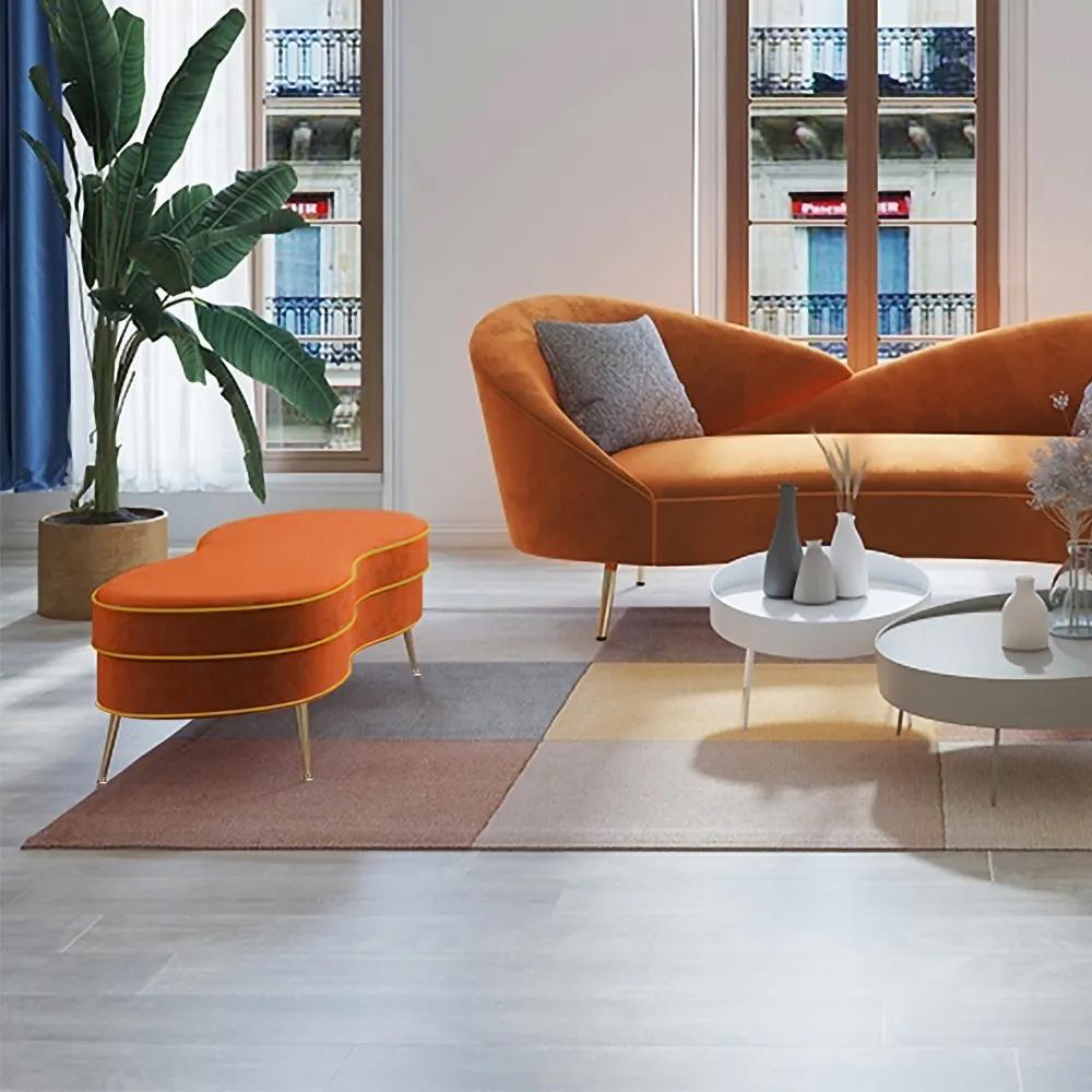 Modern Bench Orange Velvet Upholstered Bench Ottoman Bench Gold Leg Gold Bench