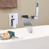 Modern Waterfall Wall-Mount Tub Filler Faucet Single Handle & Handshower in Matte Black