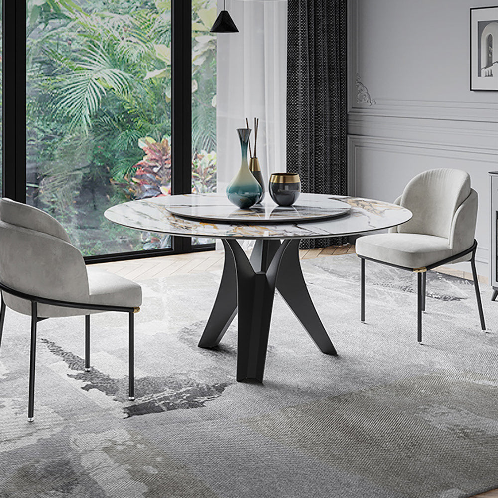 59" White & Black Stone Top Round Dining Table with Lazy Susan