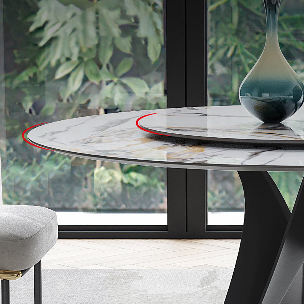 59" White & Black Stone Top Round Dining Table with Lazy Susan