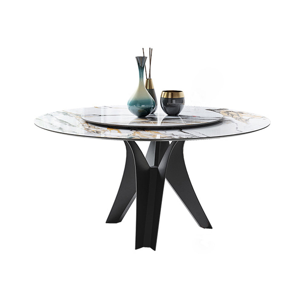 59" White & Black Stone Top Round Dining Table with Lazy Susan