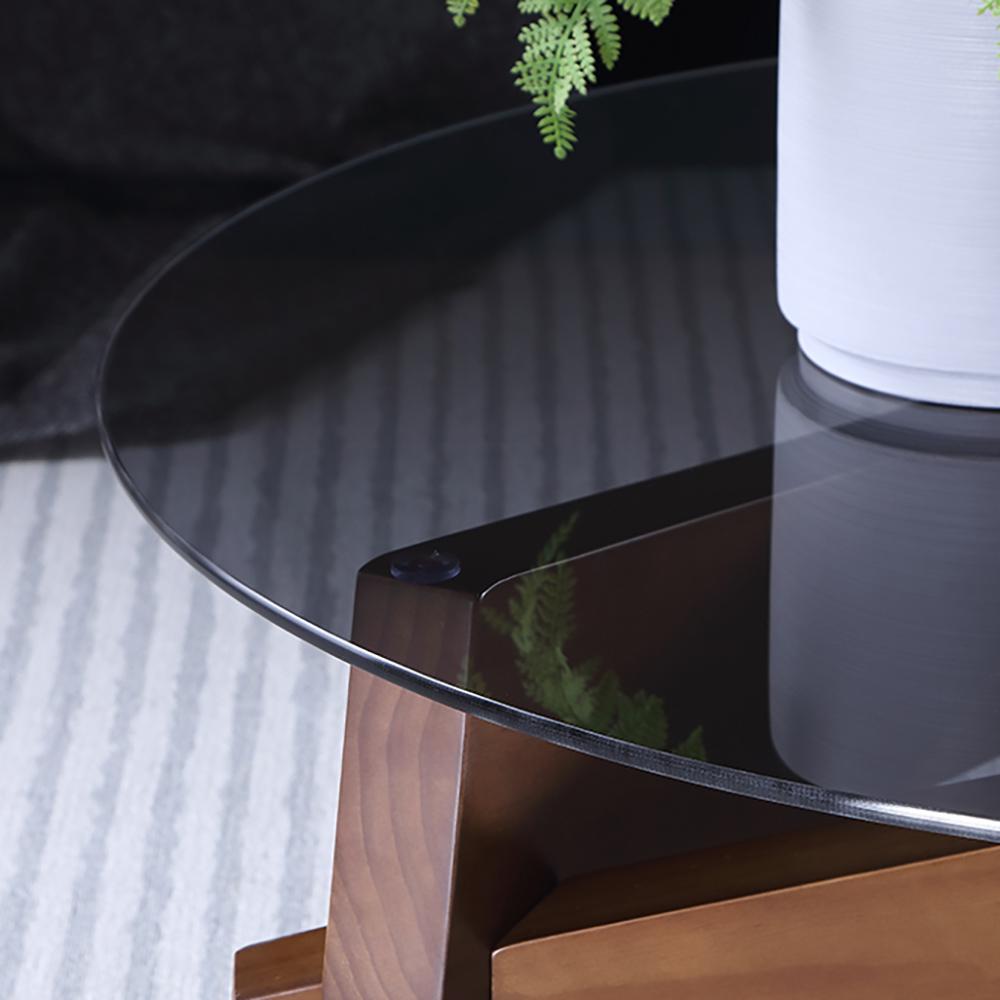 Round Coffee Table in Black & Walnut with Glass Top & Pine Wood Geometric Base