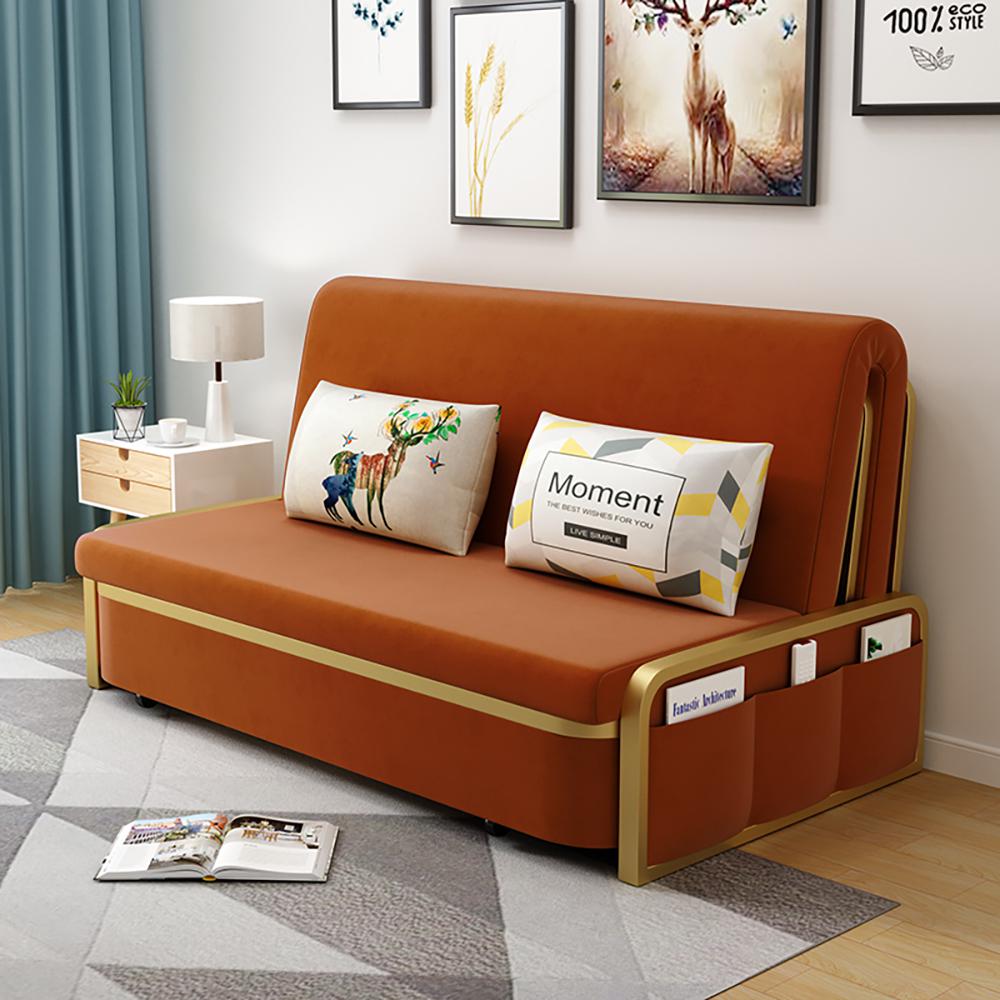 Modern Convertible Sofa Bed with Storage Velvet Upholstery in Beige & Gold
