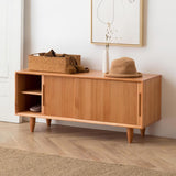 39.4" Rustic Storage Bench with Storage Sliding Doors Adjustable Shelf Natural Pine Wood