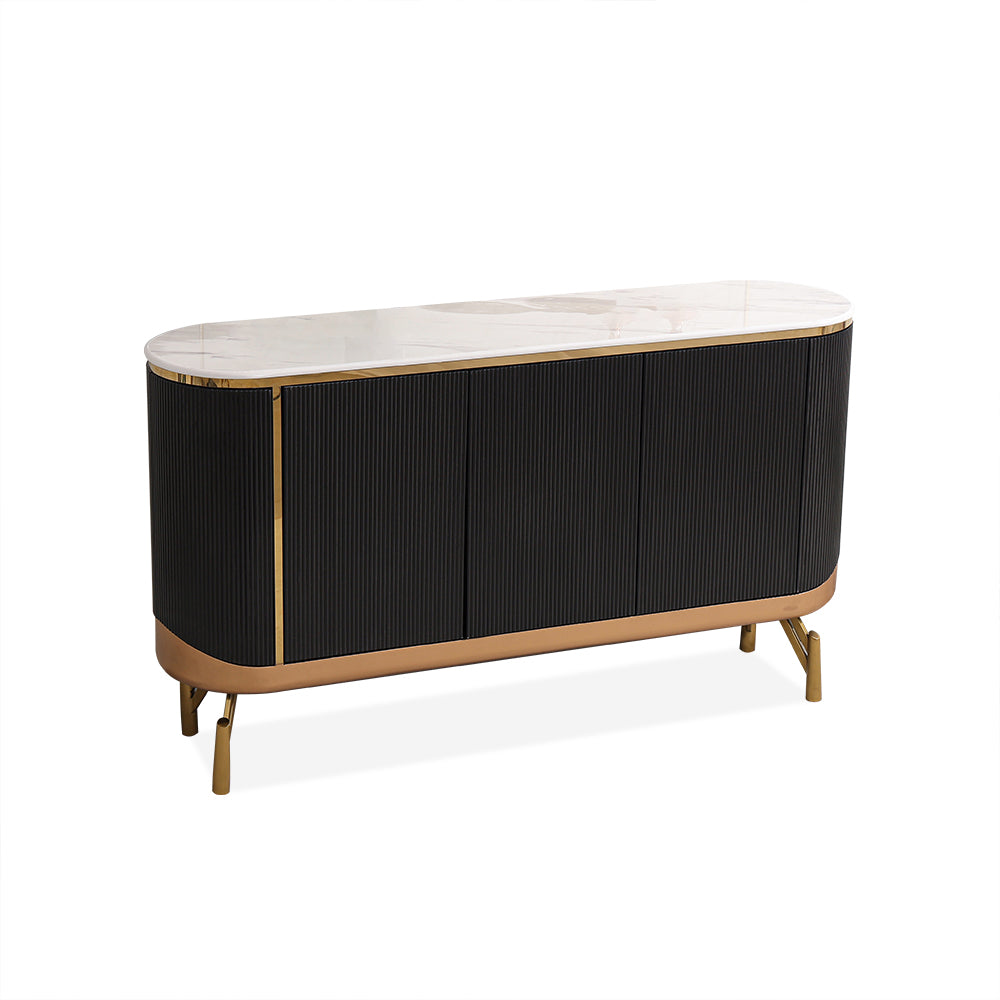 Minimalist Black Buffet Oval Faux Marble Top Sideboard 5 Doors & Shelves