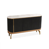 Minimalist Black Buffet Oval Faux Marble Top Sideboard 5 Doors & Shelves