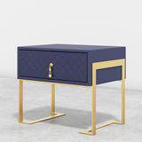 Modern Nightstand with Drawer, PU Leather in Deep Blue, Gold Leg