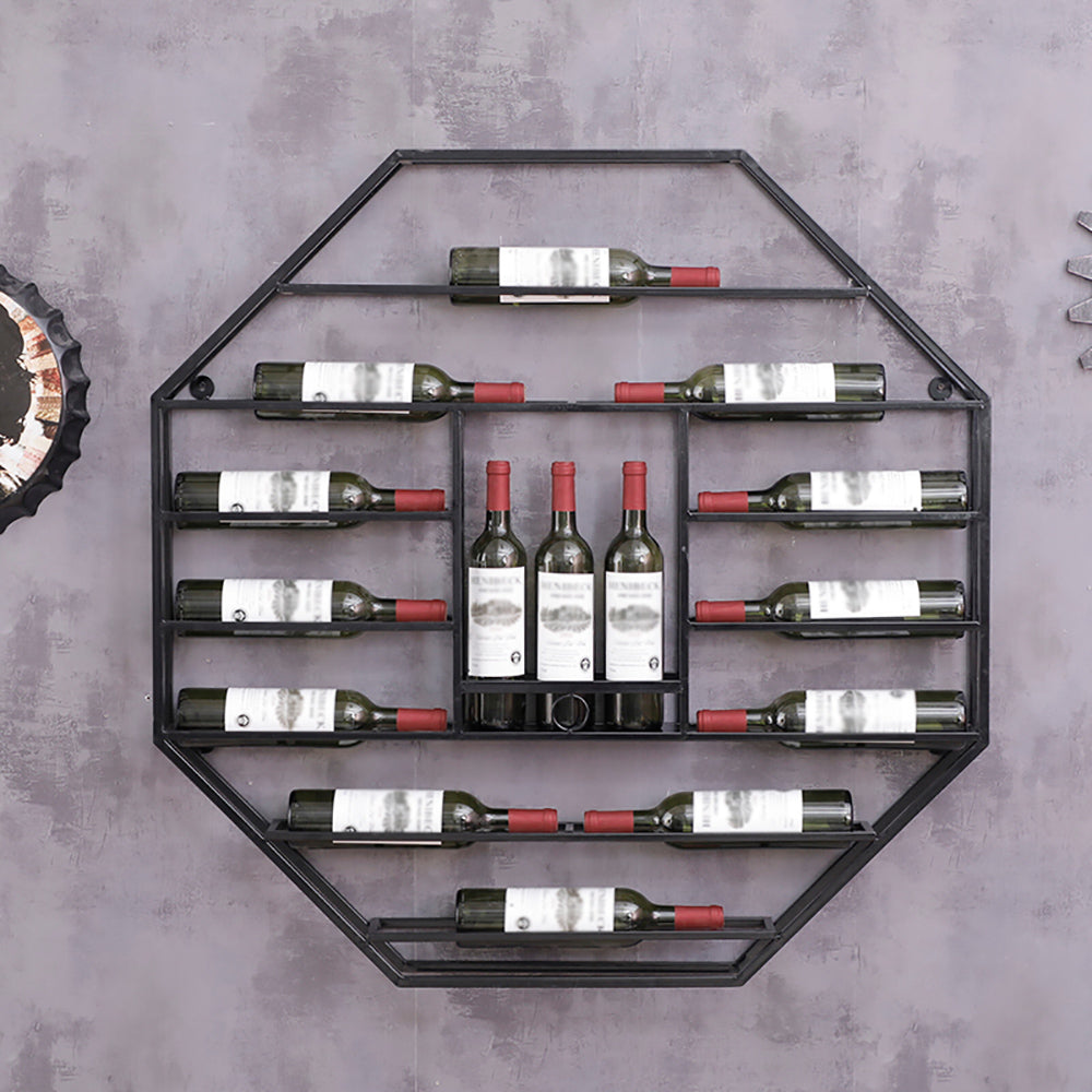 Industrial Black Octagonal Wall Mounted Wine Rack Wine Shelf in Steel