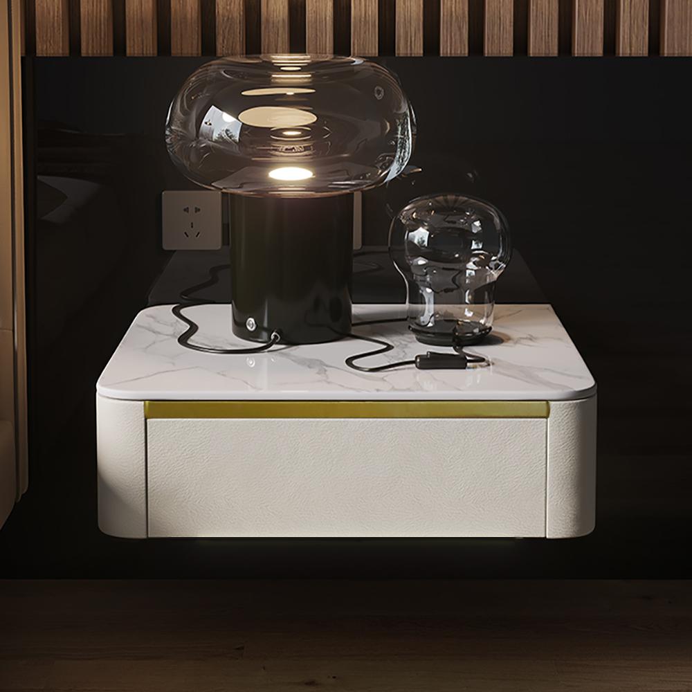 Modern White Floating Nightstand 1 Drawer Bedside Table with Sintered02Stone Top
