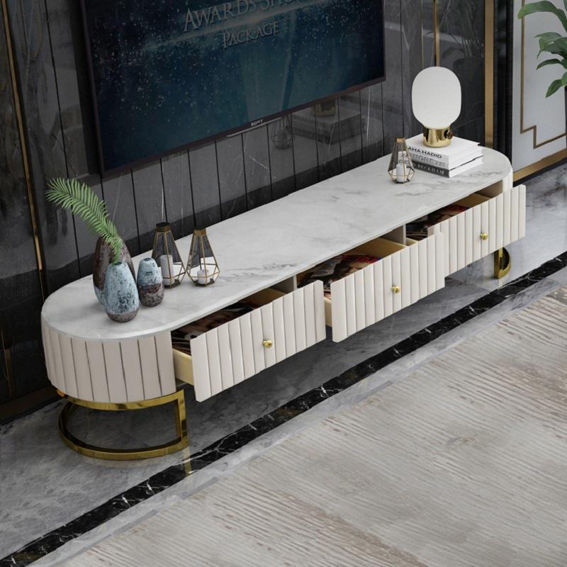 Epaule Modern Oval 71" TV Stand Faux Marble Top Media Stand with 3 Drawers in White