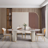 78.7" Modern Oval Marble Dining Table Stainless Steel Double Pedestals