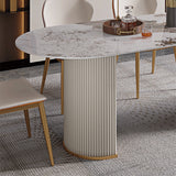 78.7" Modern Oval Marble Dining Table Stainless Steel Double Pedestals