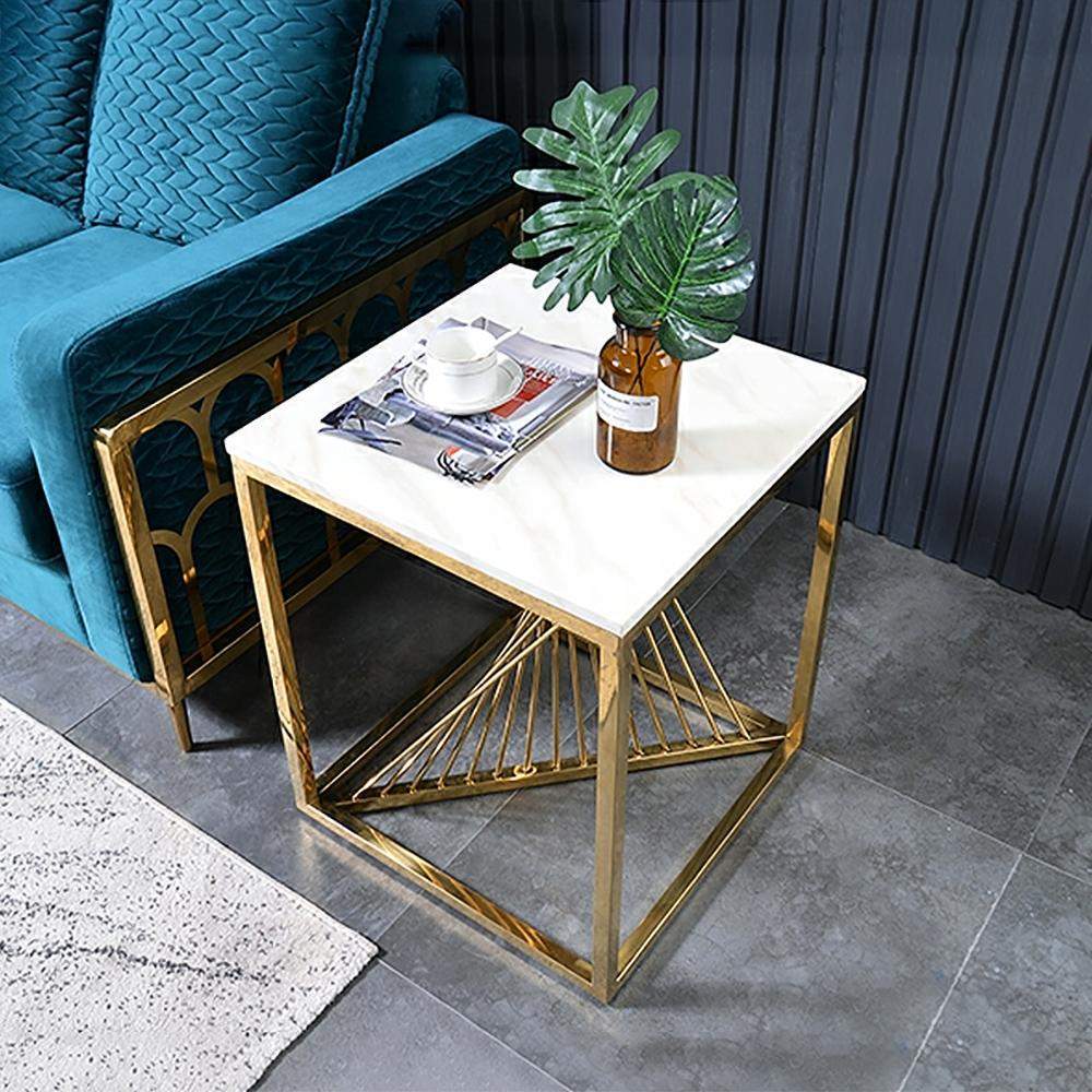 19.7" Square Side Table White Marble End Table with Gold Stainless Steel Base-End & Side Tables,Furniture,Living Room Furniture