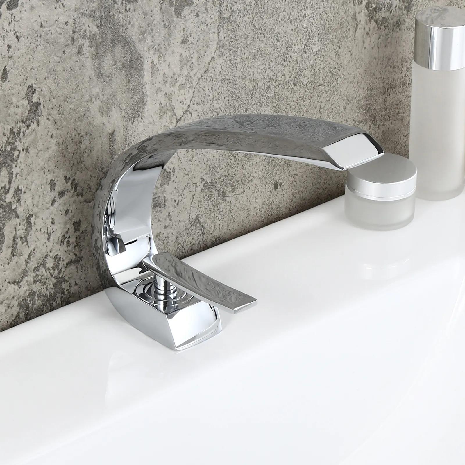 Modern Single Hole 1-Handle C-Shaped Curved Spout Bathroom Sink Faucet with Pop Up Drain in Brushed Nickel