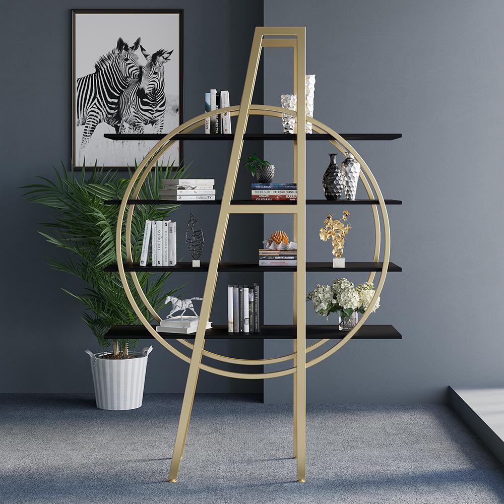 4-Tier Round Open Bookshelf White Display Shelf Gold Frame
