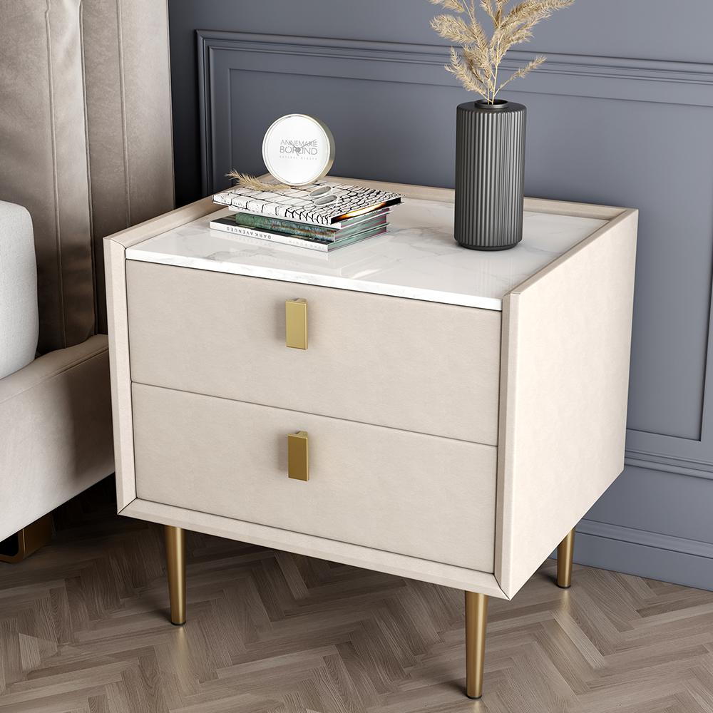 Modern 2 Drawers PU Leather Bedside Table Nightstand with Gold Metal Legs