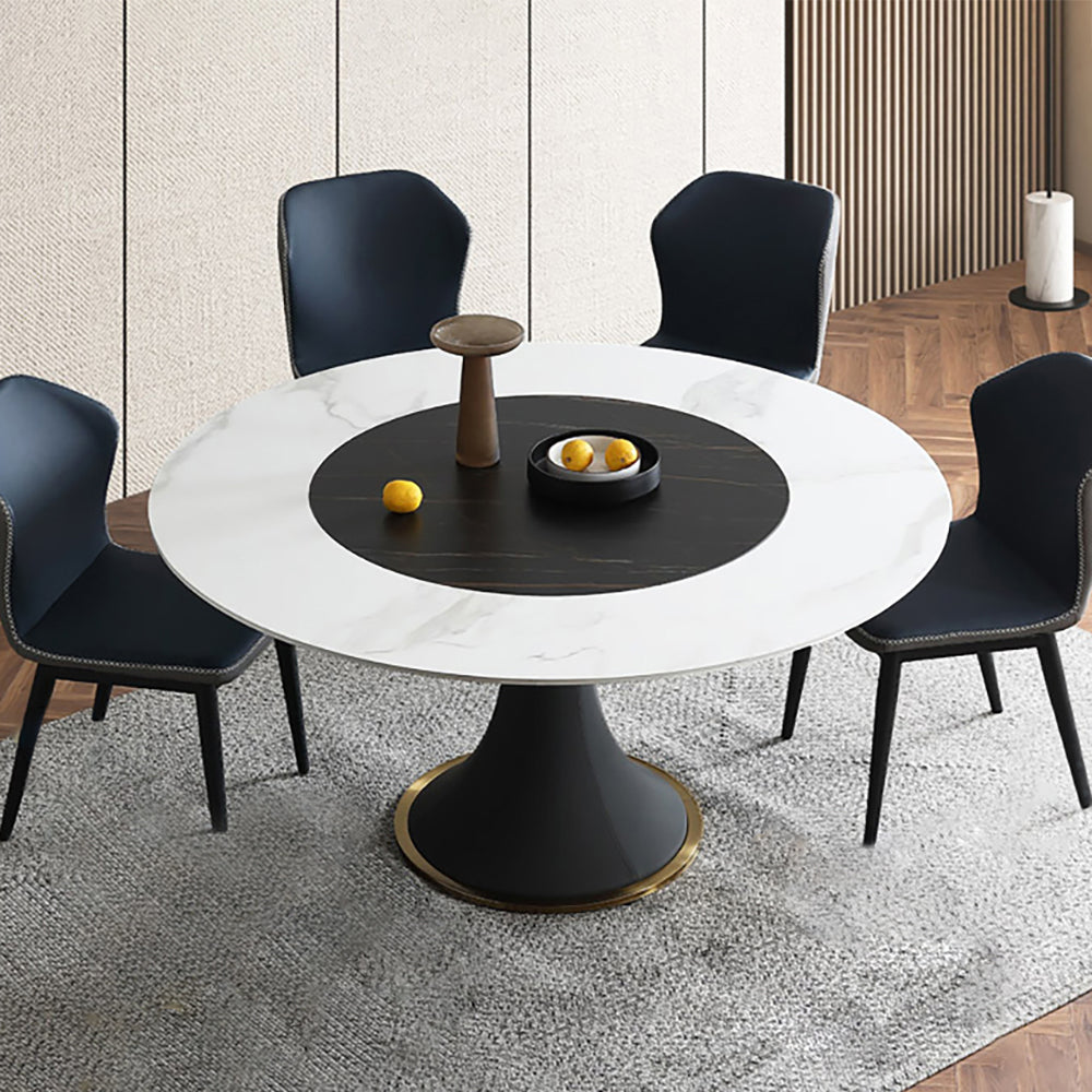 53.1" White & Black Round Dining Table with Lazy Susan & Stone Top