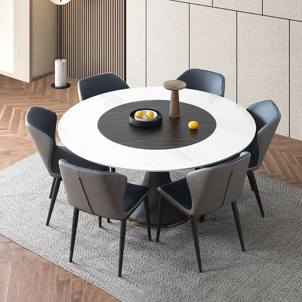53.1" White & Black Round Dining Table with Lazy Susan & Stone Top