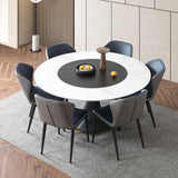 53.1" White & Black Round Dining Table with Lazy Susan & Stone Top