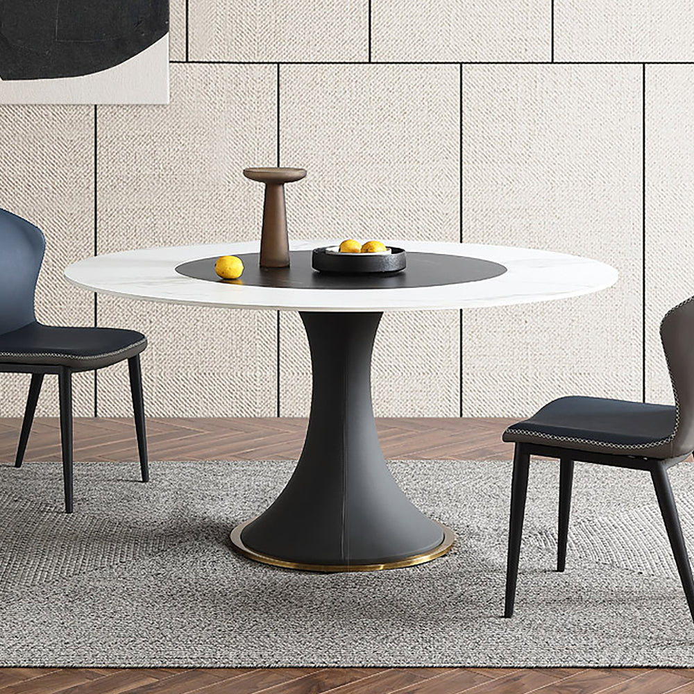 53.1" White & Black Round Dining Table with Lazy Susan & Stone Top