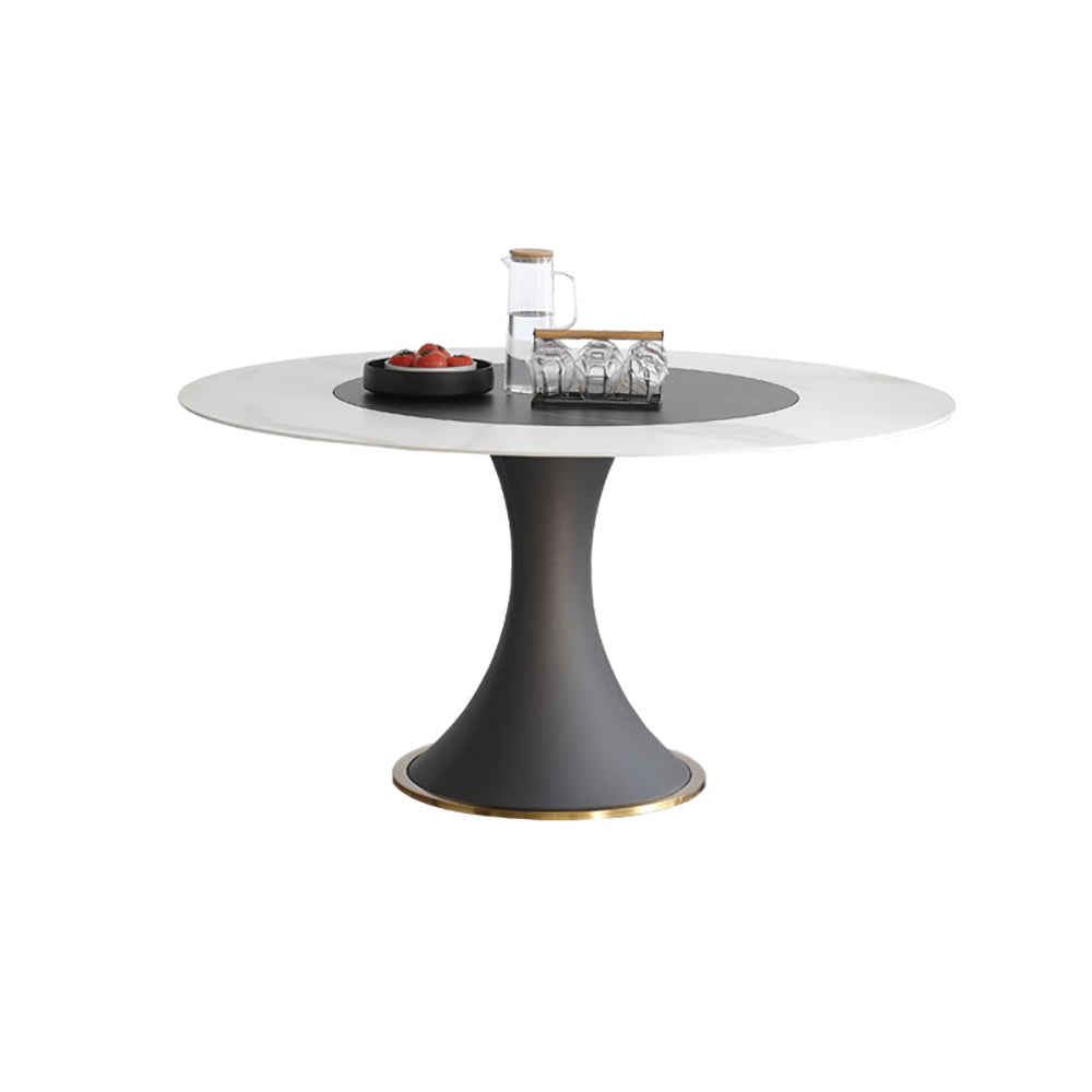 53.1" White & Black Round Dining Table with Lazy Susan & Stone Top