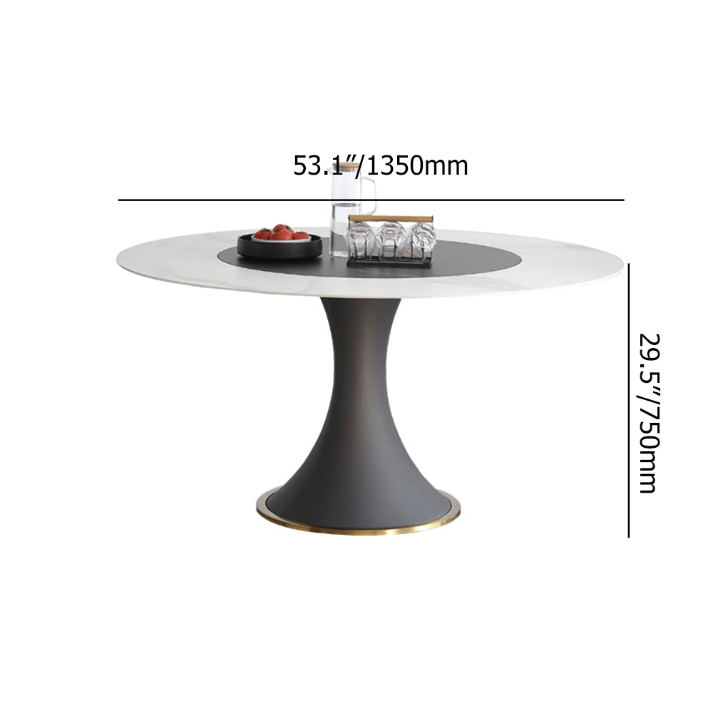 53.1" White & Black Round Dining Table with Lazy Susan & Stone Top