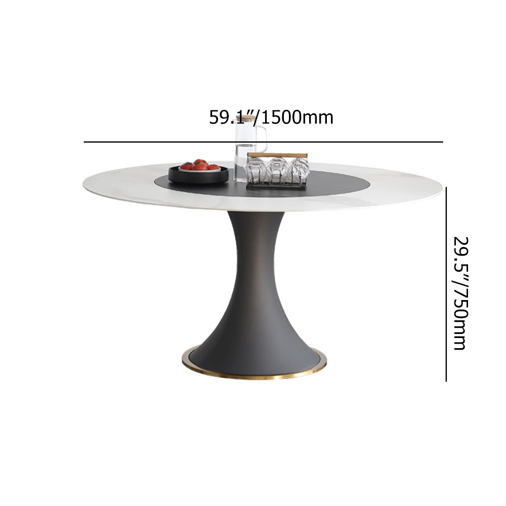 53.1" White & Black Round Dining Table with Lazy Susan & Stone Top