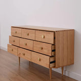 63" Natural Bedroom Dresser with 9 Drawers Wooden Chest of Drawers with Gold Knobs