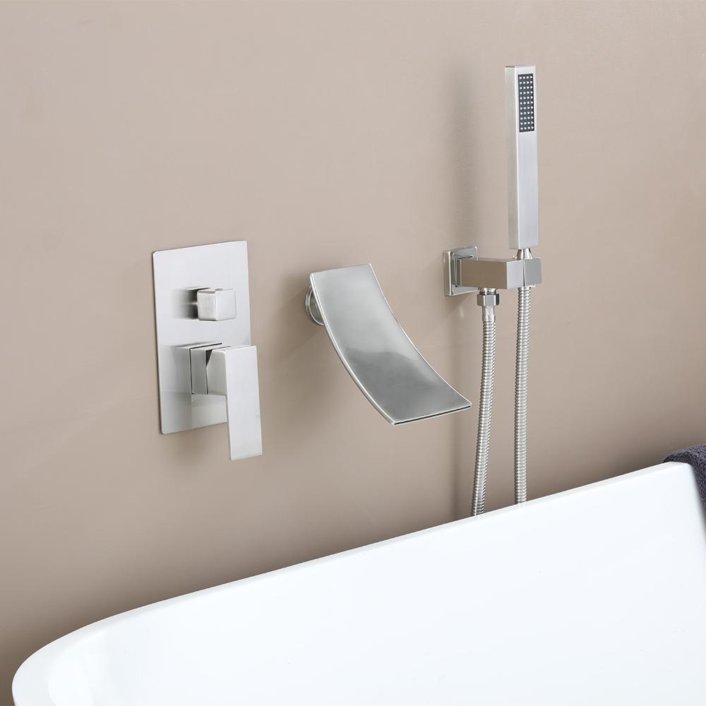 Modern Waterfall Wall-Mount Tub Filler Faucet Single Handle & Handshower in Matte Black