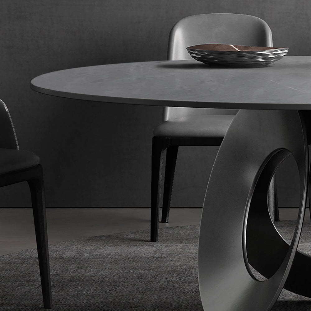 51.2"Round Black Dining Table with Stone Top & Carbon Steel Base