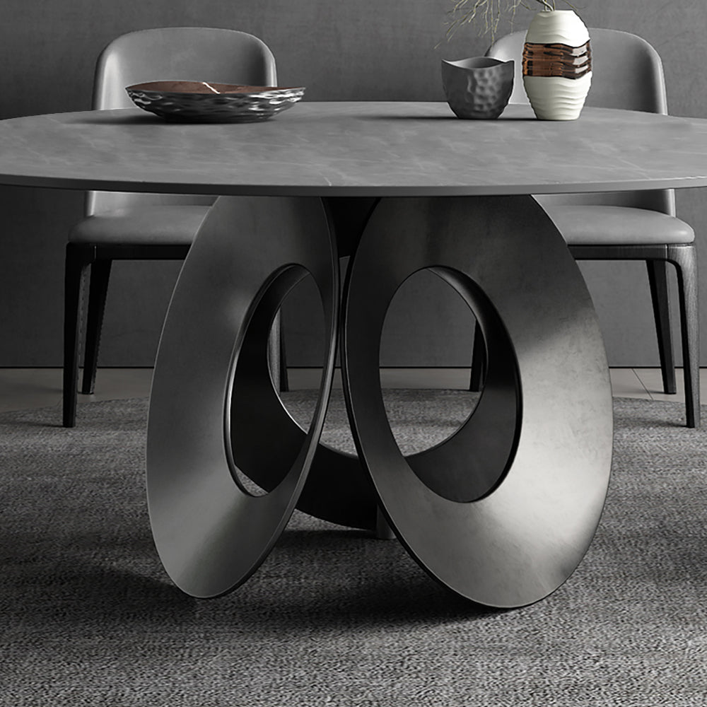 51.2"Round Black Dining Table with Stone Top & Carbon Steel Base