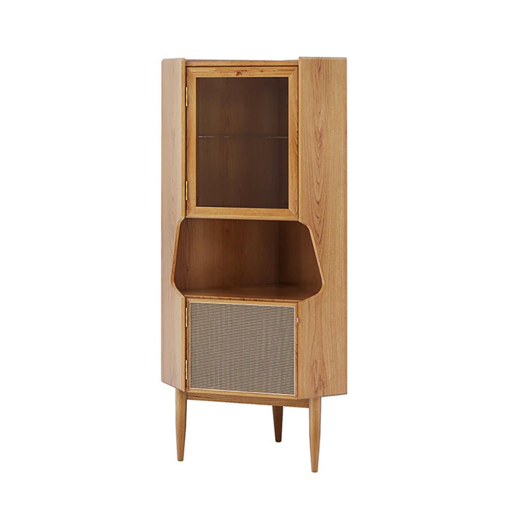 Nordic Natural Corner Cabinet 2-Door Bar Cabinet with Hutch & Shelf Rattan Woven