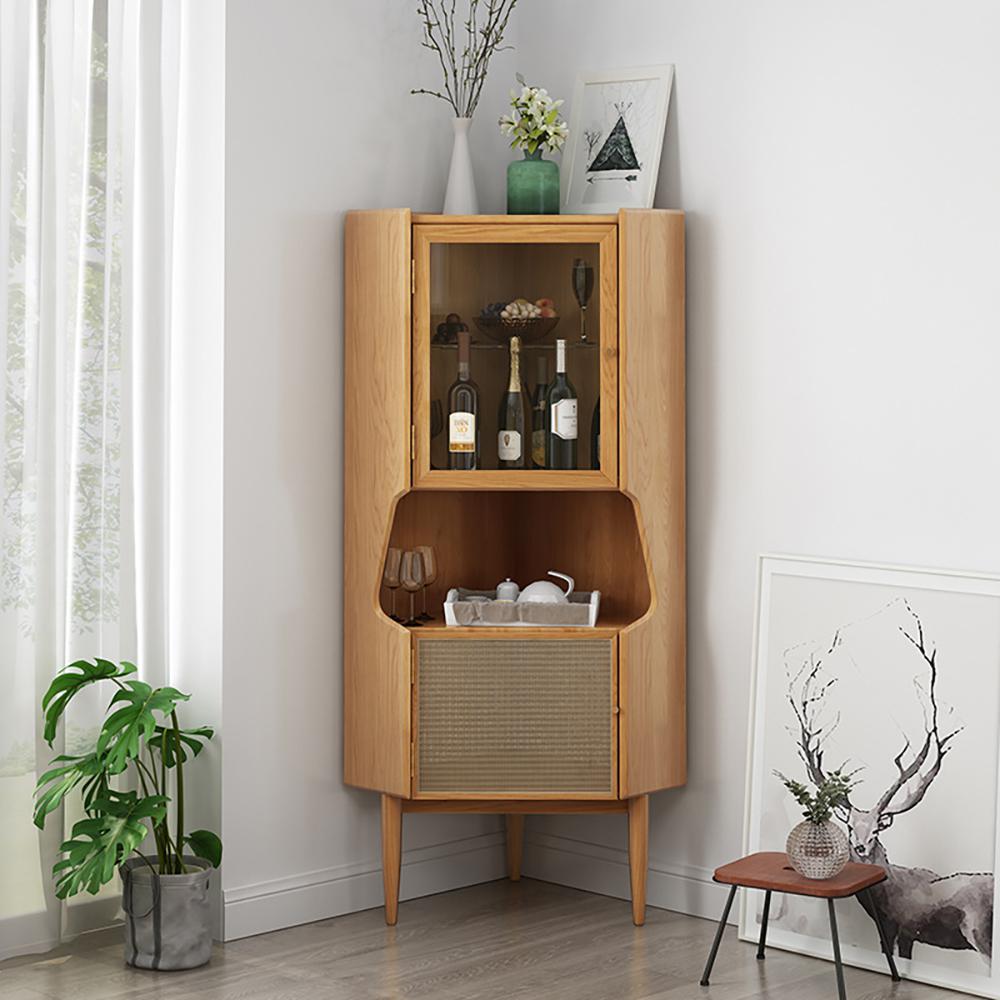 Nordic Natural Corner Cabinet 2-Door Bar Cabinet with Hutch & Shelf Rattan Woven