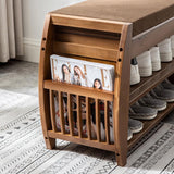 40.2" Rustic Bamboo Upholstered Entryway Flip Top Storage Shoe Rack Bench with 3 Shelves