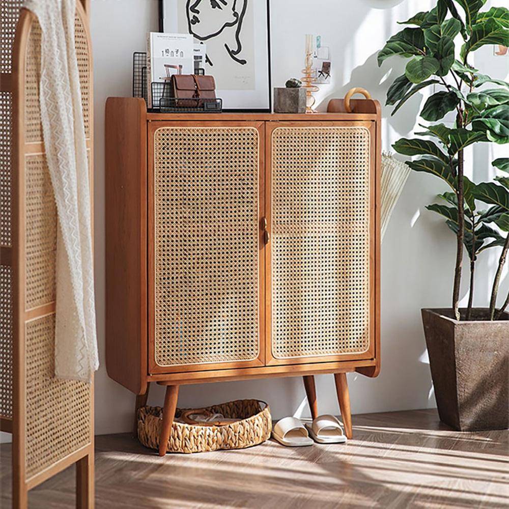 31.5" Farmhouse Walnut Rattan Shoe Cabinet 2-Door 4-Shelf Shoe Organizer