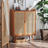 31.5" Farmhouse Walnut Rattan Shoe Cabinet 2-Door 4-Shelf Shoe Organizer