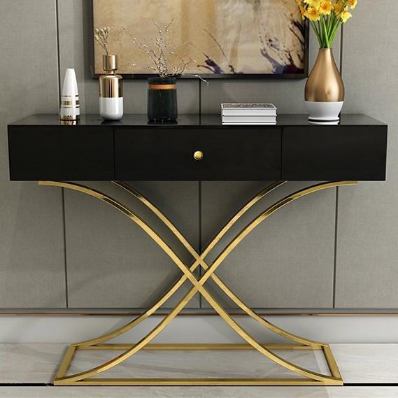 Black Console Table with Drawer Entryway Table Contemporary for Hallway X Gold Base