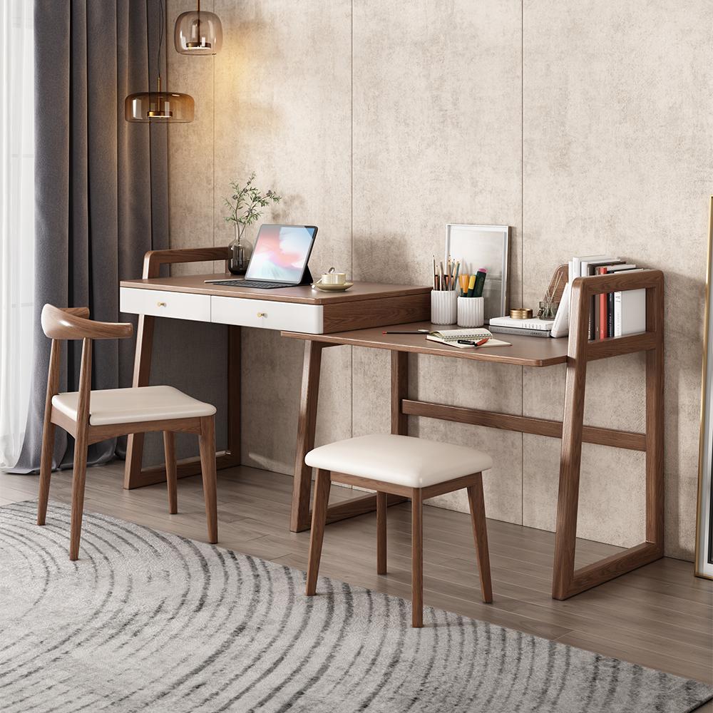 Modern I Shaped Desk Retracted & Extendable Corner Walnut Desk with Storage & 2 Drawers