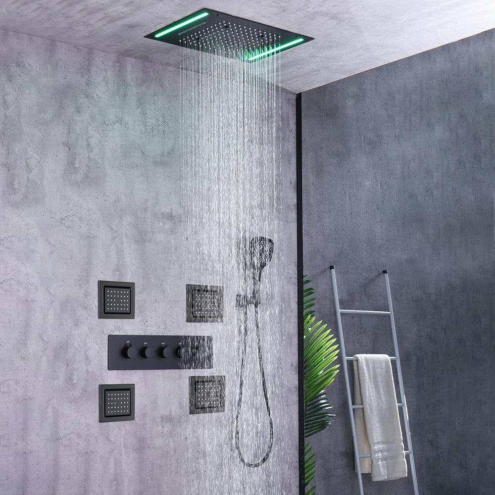 20'' Wall-Mounted LED Thermostatic Shower System with Waterfall Rain & 4 Body Jets