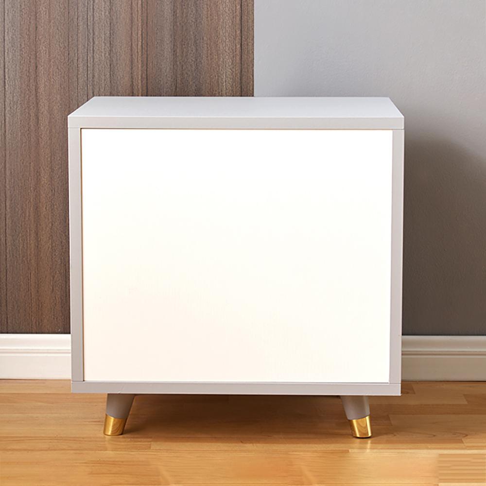 Grayish White Nightstand Modern 2-Drawer Bedside Table Gold Pulls