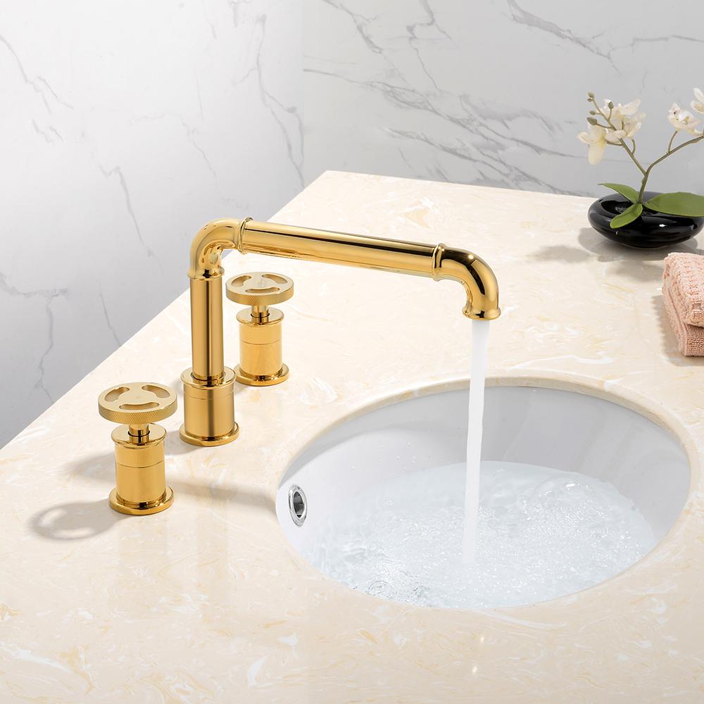 Ruth Industrial Pipe Gold Bathroom Widespread Sink Faucet