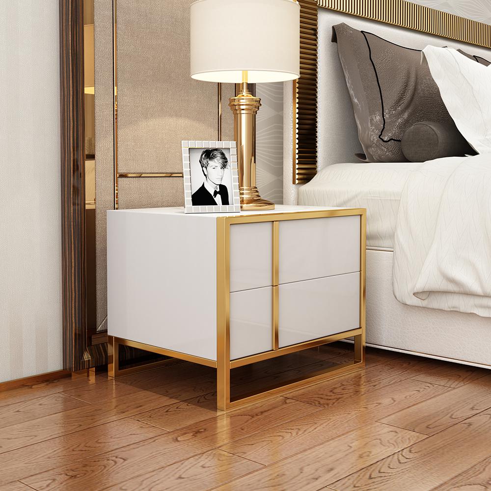 Black Lacquer Bedroom Nightstand Stainless Steel in Gold