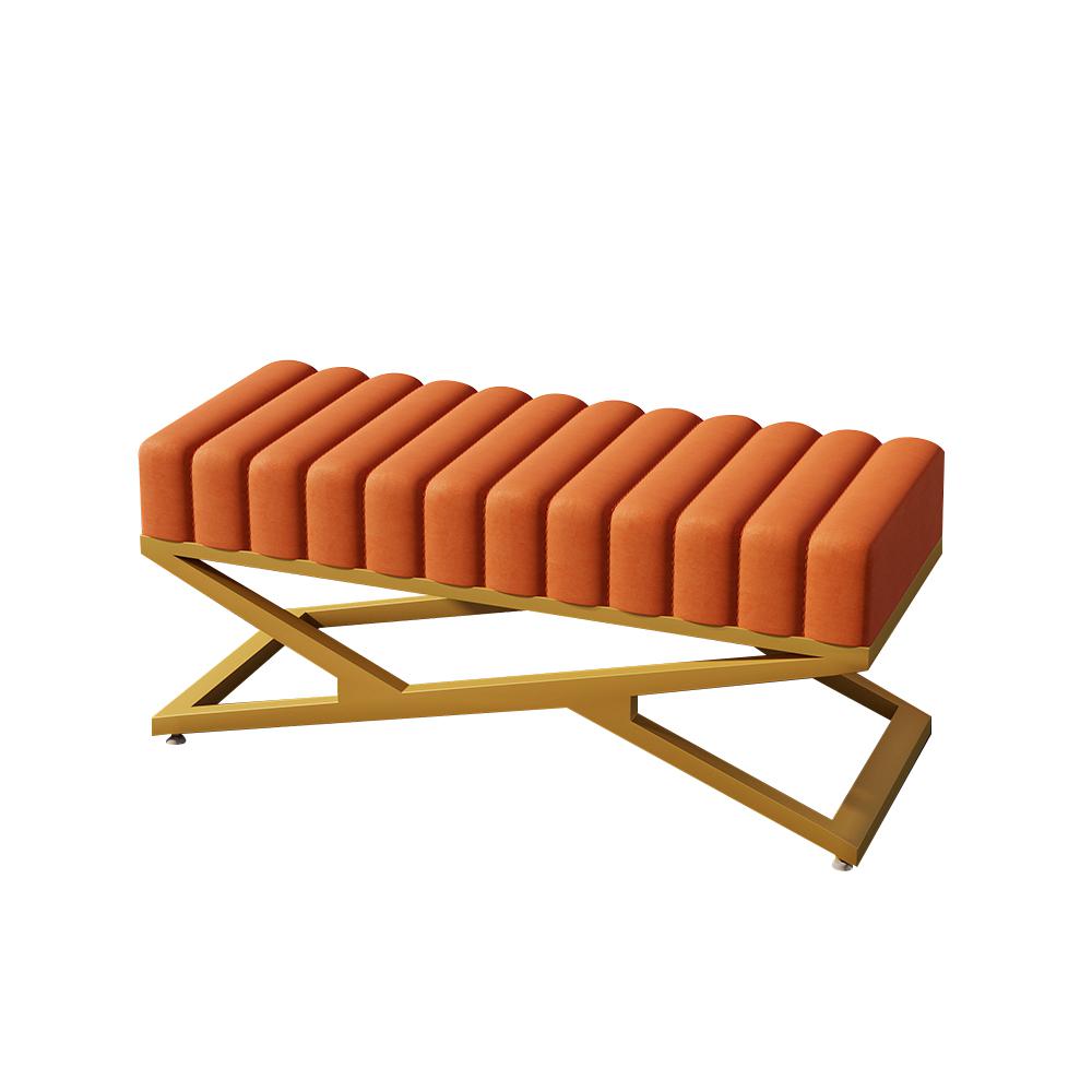 Modern Entryway Bench Gray Velvet Upholstered Ottoman Bench in Gold