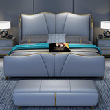 Blue Faux Leather Upholstered Bed Frame Low Profile Platform Bed, Queen