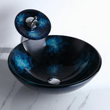 Dark Blue Tempered Glass Circular Vessel Sink Waterfall Faucet Set Pop-Up Drain Included