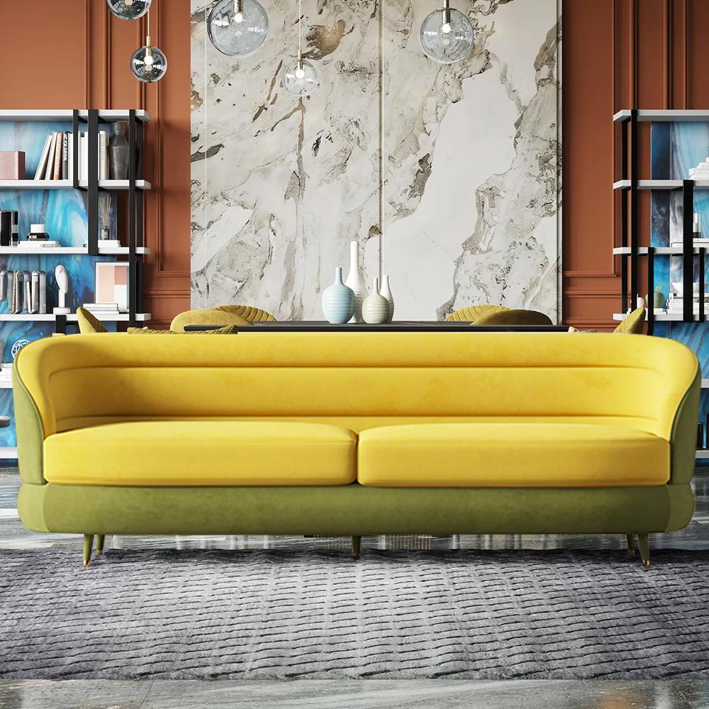 93" Modern Yellow & Green Velvet Upholstered Sofa for 3 Seaters with Gold Legs