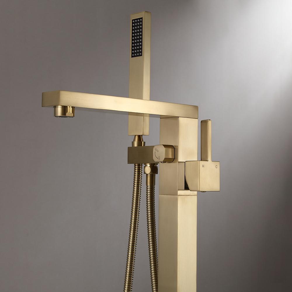 Dree Brushed Gold Freestanding Tub Filler Floor Mount Bathtub Faucet with Hand Shower