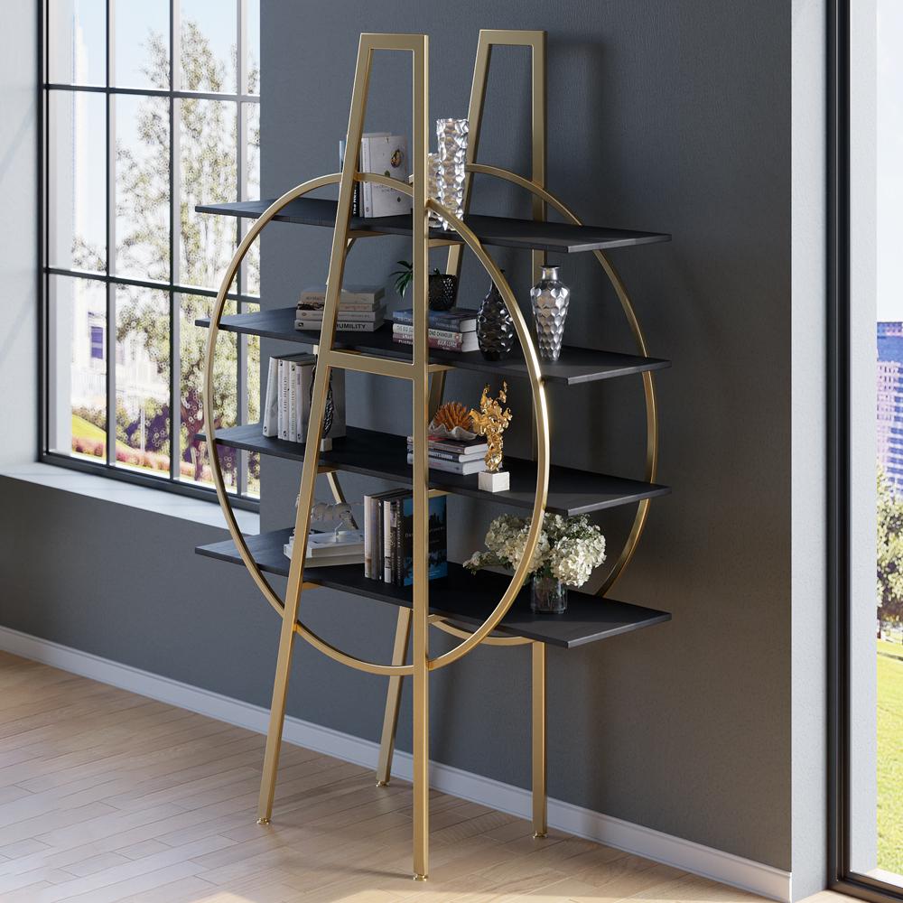 4-Tier Round Open Bookshelf White Display Shelf Gold Frame
