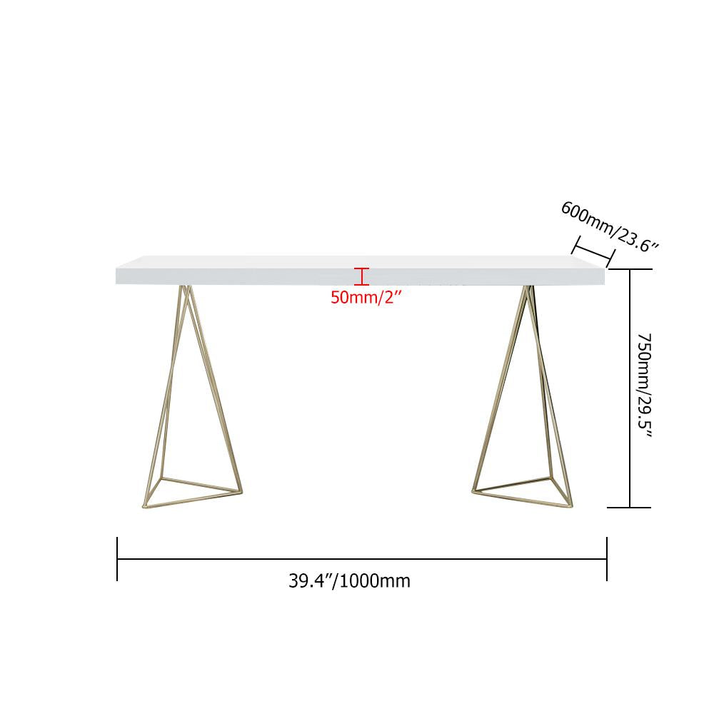 39" White Rectangular Wood-Top Writing Desk for Home Office with 2 Gold Pedestal